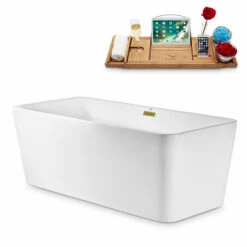 Streamline 63" W Modern Rectangular Soaking Freestanding Bathtub With White Exterior, White Interior, And Assorted Internal Drain Colors, Water Tub Capacity: 77 Gallons, FREE Natural Bamboo Expandable Tray -Allied Brass Shop str n682gld 2 s3