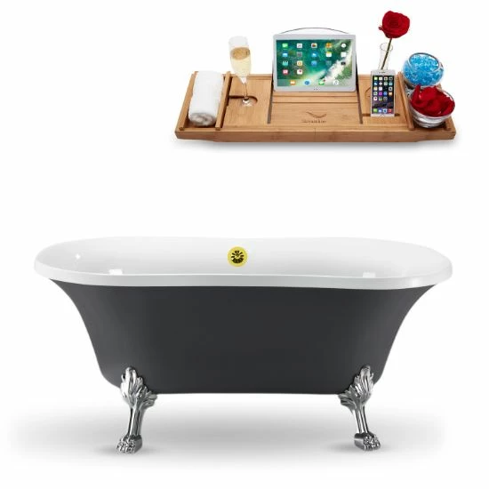 Streamline 60'' Or 68'' Oval Soaking Clawfoot Tub With Grey Or White Tub Exterior , Included Chrome Internal Drain And FREE Natural Bamboo Wooden Tray 3 Streamline 60'' Or 68'' Oval Soaking Clawfoot Tub With Grey Or White Tub Exterior , Included Chrome Internal Drain And FREE Natural Bamboo Wooden Tray - Image 3