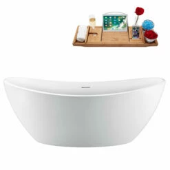 Streamline 63" Or 75" Wide Modern Oval Soaking Freestanding Bathtub With White Exterior, White Interior, Gold Internal Drain, Water Tub Capacity: 53 - 90 Gallons, FREE Natural Bamboo Expandable Tray -Allied Brass Shop str n950gld 1 s3