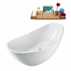 Streamline 63" Or 75" Wide Modern Oval Soaking Freestanding Bathtub With White Exterior, White Interior, Gold Internal Drain, Water Tub Capacity: 53 - 90 Gallons, FREE Natural Bamboo Expandable Tray -Allied Brass Shop str n950gld 2 s3