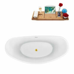 Streamline 63" Or 75" Wide Modern Oval Soaking Freestanding Bathtub With White Exterior, White Interior, Gold Internal Drain, Water Tub Capacity: 53 - 90 Gallons, FREE Natural Bamboo Expandable Tray -Allied Brass Shop str n950gld 3 s3