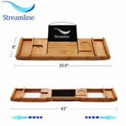 Streamline 63" W Modern Rectangular Soaking Freestanding Bathtub With White Exterior, White Interior, And Assorted Internal Drain Colors, Water Tub Capacity: 77 Gallons, FREE Natural Bamboo Expandable Tray -Allied Brass Shop str tub tray view 2 s3 4