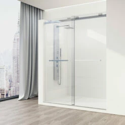 Vigo Houston Frameless Sliding Tempered Glass Shower Door In Multiple Hardware Finishes, With FLEX-SIZING™ Horizontal Adjustability, 60" W X 76" H -Allied Brass Shop vig vg6023chcl6076 2 s3