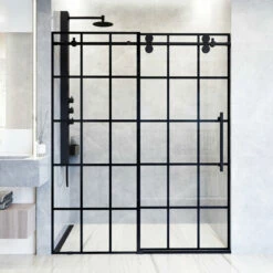 Vigo Elan Frameless Sliding Glass Shower Door With Grid Pattern In Matte Black And Matte Black Hardware, With ROLLER DISK™ Technology, 60" W X 74" H Or 72" W X 74" H -Allied Brass Shop vig vg6041mbgcl6074 s3