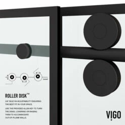 Vigo Elan Frameless Sliding Glass Shower Door With Grid Pattern In Matte Black And Matte Black Hardware, With ROLLER DISK™ Technology, 60" W X 74" H Or 72" W X 74" H -Allied Brass Shop vig vg6041mbgcl6074 10 s3