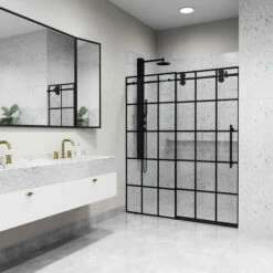 Vigo Elan Frameless Sliding Glass Shower Door With Grid Pattern In Matte Black And Matte Black Hardware, With ROLLER DISK™ Technology, 60" W X 74" H Or 72" W X 74" H -Allied Brass Shop vig vg6041mbgcl6074 5 s3