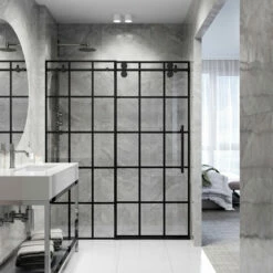 Vigo Elan Frameless Sliding Glass Shower Door With Grid Pattern In Matte Black And Matte Black Hardware, With ROLLER DISK™ Technology, 60" W X 74" H Or 72" W X 74" H -Allied Brass Shop vig vg6041mbgcl6074 6 s3