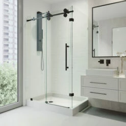 Vigo Winslow Frameless Sliding Door Shower Enclosure With Drain Base In Multiple Configurations -Allied Brass Shop vig vg6051mbcl48wl 1 s3