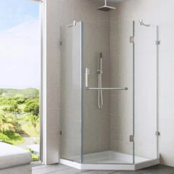 Vigo Piedmont Frameless Neo-Angle Shower Enclosure With Low-Profile Base In Clear/Brushed Nickel Or Chrome, 76-3/4" H 31 Vigo Piedmont Frameless Neo-Angle Shower Enclosure With Low-Profile Base In Clear/Brushed Nickel Or Chrome, 76-3/4" H -Allied Brass Shop vig vg6062chcl38ws 1 env 1 s3