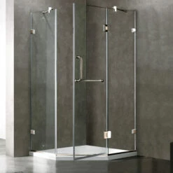 Vigo Piedmont Frameless Neo-Angle Shower Enclosure With Low-Profile Base In Clear/Brushed Nickel Or Chrome, 76-3/4" H