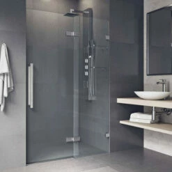Vigo 47-1/4"W Powell Adjustable Frameless Hinged Tempered Glass Shower Door, 5/16" Thick -Allied Brass Shop vig vg6082chcl4874 3 env 3 1 s3