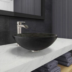 Vigo Industries Gray Onyx Glass Vessel Bathroom Sink Set With Multiple Faucet Options, 16-1/2" Diameter 29 Vigo Industries Gray Onyx Glass Vessel Bathroom Sink Set With Multiple Faucet Options, 16-1/2" Diameter -Allied Brass Shop vig vgt1058 1 env 1 s3