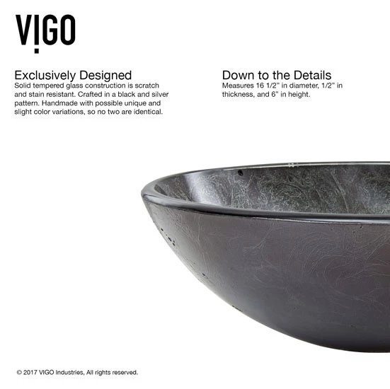 Vigo Industries Gray Onyx Glass Vessel Bathroom Sink Set With Multiple Faucet Options, 16-1/2" Diameter 4 Vigo Industries Gray Onyx Glass Vessel Bathroom Sink Set With Multiple Faucet Options, 16-1/2" Diameter - Image 4