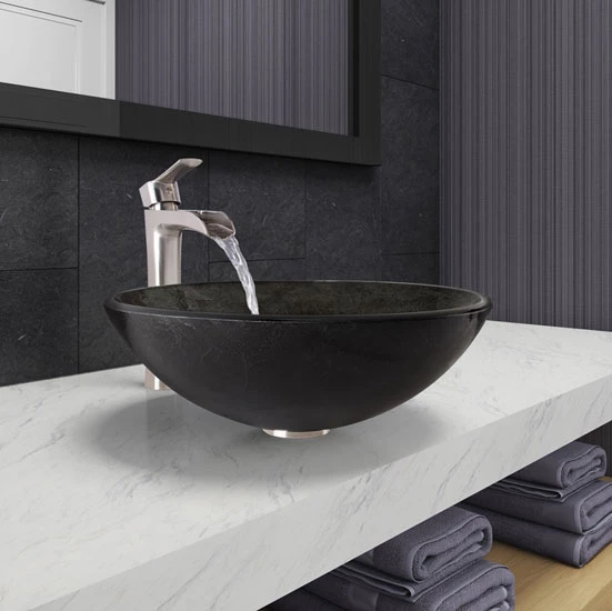 Vigo Industries Gray Onyx Glass Vessel Bathroom Sink Set With Multiple Faucet Options, 16-1/2" Diameter 2 Vigo Industries Gray Onyx Glass Vessel Bathroom Sink Set With Multiple Faucet Options, 16-1/2" Diameter - Image 2