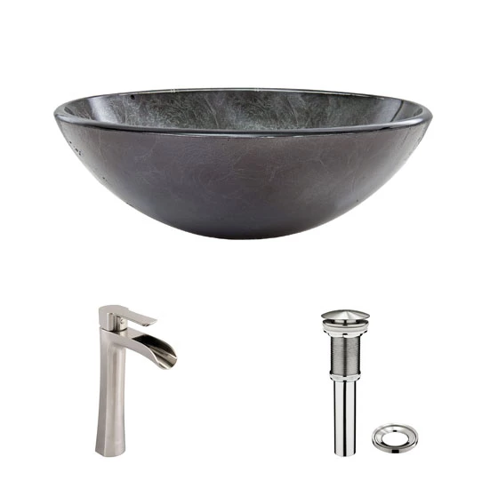 Vigo Industries Gray Onyx Glass Vessel Bathroom Sink Set With Multiple Faucet Options, 16-1/2" Diameter 1 Vigo Industries Gray Onyx Glass Vessel Bathroom Sink Set With Multiple Faucet Options, 16-1/2" Diameter