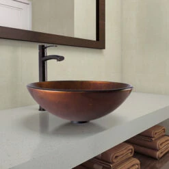 Vigo Russet Glass Vessel Bathroom Sink Set With Niko Or Milo Vessel Faucet In Antique Rubbed Bronze, 16-1/2" Diameter