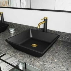 VIGO 15-3/4" Wide Black Roma MatteShell™ Vessel Bathroom Sink, Faucet And Pop-Up Drain Set