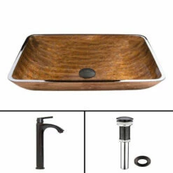 VIGO Rectangular Amber Sunset Glass Vessel Sink And Faucet Set, Antique Rubbed Bronze